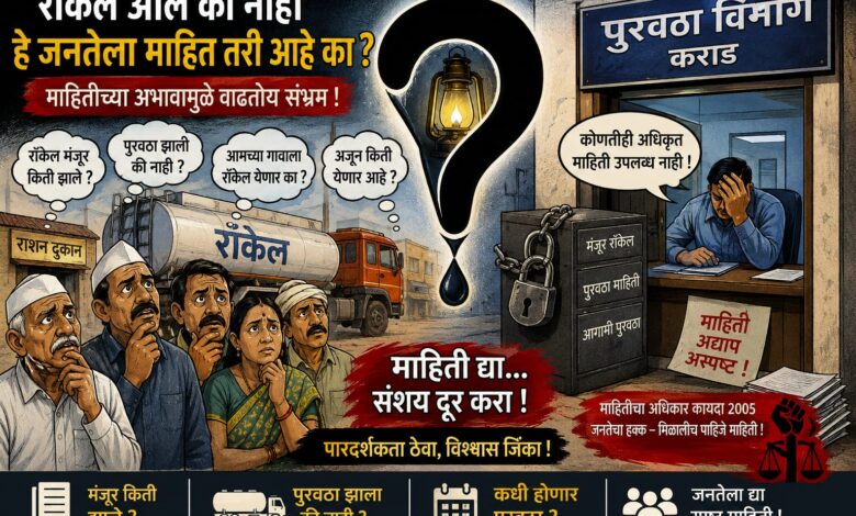 Photo of कराड तालुक्यासाठी रॉकेल किती आले आहे ? व अजून किती येणार आहे? याबाबत जनतेला अधिकाऱ्यांनी माहिती द्यावी (भाग नववा)