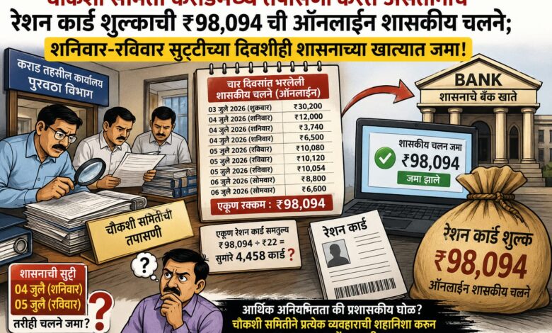 Photo of चौकशी समितीची तपासणी चालू असतानाच चार दिवसात रेशन कार्डची ₹98,094 ची ऑनलाइन शासकीय चलने शनिवार व रविवार सुट्टीच्या दिवशी बँक खात्यामध्ये जमा; कराड पुरवठा विभागातील आर्थिक व्यवहारांवर गंभीर प्रश्न