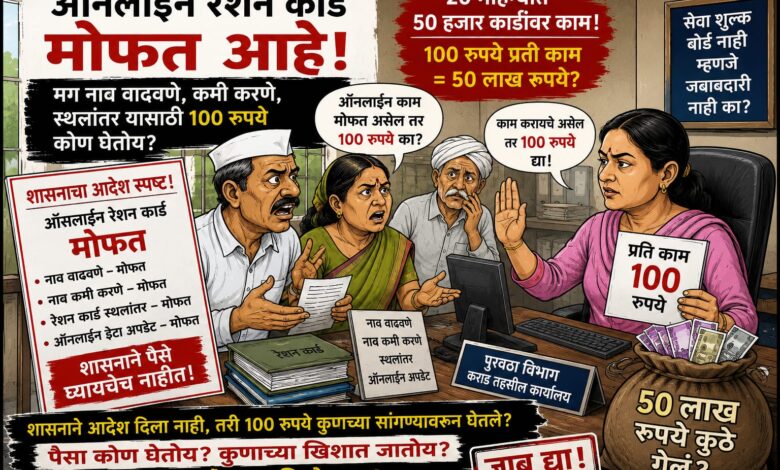 Photo of ऑनलाइन रेशन कार्ड मोफत, मग 100 रुपये कशासाठी? कराडच्या पुरवठा विभागात 20 महिन्यांत 50 लाखांचा कथित ‘खेळ’; जनतेच्या खिशातील पैसा कुणाच्या खिशात?