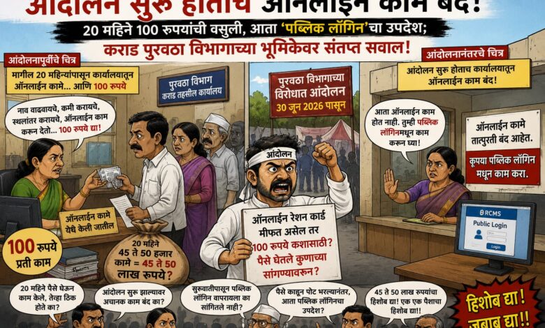 Photo of आंदोलन सुरू होताच ऑनलाइन काम बंद! 20 महिने 100 रुपयांची वसुली, आता ‘पब्लिक लॉगिन’चा उपदेश; कराडच्या पुरवठा विभागाच्या भूमिकेवर संतप्त सवाल