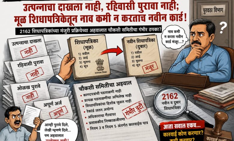 Photo of उत्पन्नाचा दाखला नाही, रहिवासी पुरावा नाही; मूळ रेशन कार्ड मधून नाव कमी न करताच नवीन कार्ड! २१६२ रेशन कार्ड मंजूरी प्रक्रियेच्या अहवालात चौकशी समितीचा गंभीर ठपका?