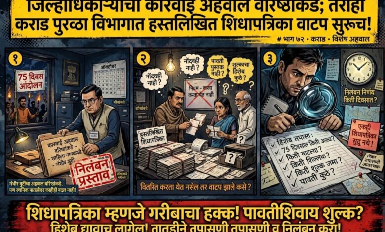 Photo of जिल्हाधिकाऱ्यांचा कारवाईचा अहवाल वरिष्ठांकडे; तरीही कराड पुरवठा विभागात हस्तलिखित शिधापत्रिका वाटपाची चर्चा! ७५ दिवसांच्या आंदोलनाच्या काळातील प्रत्येक शिधापत्रिकेचा हिशेब तपासा; निलंबनाचा निर्णय नेमका किती दिवसांत होणार?