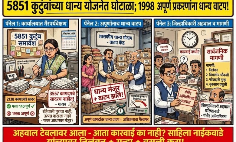 Photo of ५८५१ कुटुंबांच्या धान्य योजनेत गंभीर अनियमितता; १९९८ अपूर्ण प्रकरणांना धान्य मंजूर-वाटप जिल्हाधिकाऱ्यांचा अहवाल वरिष्ठांकडे; साहिला नाईकवाडेंवर निलंबन, फौजदारी गुन्हा अन् वसुलीची मागणी!
