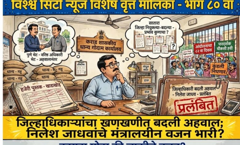Photo of जिल्हाधिकाऱ्यांचा खणखणीत बदली अहवाल; निलेश जाधवांचे मंत्रालयीन वजन भारी? अहवालानंतर पुणे भेटीची चर्चा; सातारा जिल्ह्यातील नियुक्त्या-बदल्यांमध्ये निलेश जाधवचा प्रभाव का? कराडच्या कार्यालयीन परिसरात चर्चा!