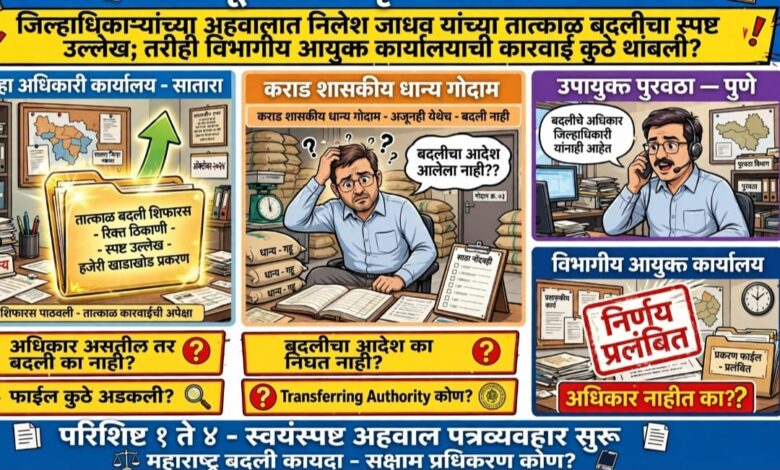Photo of जिल्हाधिकाऱ्यांच्या अहवालात निलेश जाधव यांच्या तात्काळ बदलीचा स्पष्ट उल्लेख; तरीही विभागीय आयुक्त कार्यालयाची कारवाई कुठे थांबली? उपायुक्त पुरवठा व विभागीय आयुक्तांना बदलीचे अधिकार नाहीत का? अधिकार असतील तर बदली का होत नाही?