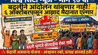 Photo of साहीला नायकवडे यांच्या बदलीने आंदोलन थांबेल हा गैरसमज दूर करा! केंद्राच्या अन्नधान्य योजनेतील कारवाईसाठी ६ ऑक्टोबरपासून आझाद मैदानात एल्गार; निर्णय नाही तर जंतर-मंतरपर्यंत लढा नेण्याचा आंदोलकाचा इशारा