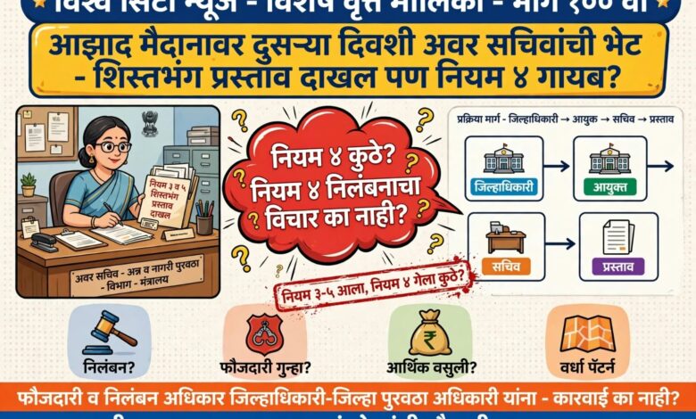 Photo of आझाद मैदानावरील आंदोलनाच्या दुसऱ्याच दिवशी अन्न व नागरी पुरवठा विभागाच्या अवर सचिवांशी गणेश पवारांची भेट; शिस्तभंगाचा प्रस्ताव मंत्रालयात दाखल असल्याची माहिती, मात्र निलंबन, फौजदारी गुन्हा व शासनाची आर्थिक वसुली होईपर्यंत आंदोलन मागे न घेण्याचा इशारा