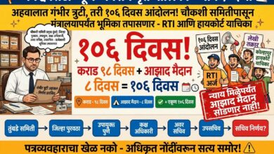 Photo of अहवालात गंभीर त्रुटी, तरी १०६ दिवस आंदोलनाची वेळ! आता चौकशी समितीपासून मंत्रालयापर्यंत प्रत्येक अधिकाऱ्याची भूमिका तपासणार; लेखी तक्रार, माहिती अधिकार कायद्याखाली अर्ज दाखल होणार तसेच कोल्हापूर उच्च न्यायालयात याचिका दाखल करण्यावर गणेश पवार ठाम!