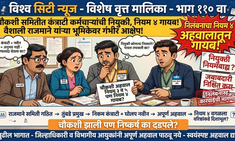 Photo of चौकशी समितीत कंत्राटी कर्मचाऱ्यांची नियुक्ती, निलंबनाचा नियम क्रमांक चार अहवालातून गायब! जिल्हा पुरवठा अधिकारी श्रीमती वैशाली राजमाने यांच्या भूमिकेवर गणेश पवारांचा गंभीर आक्षेप, निलंबनासह कारवाईची मागणी