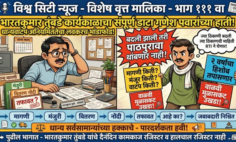 Photo of भारतकुमार तुंबडे यांच्या कार्यकाळाचा संपूर्ण डाटा गणेश पवारांच्या हाती; धान्यवाटपाच्या कथित अनियमिततेचा लवकरच तक्रारीतून भांडाफोड, बदली झाली तरी पाठपुरावा थांबणार नाही! ज्या ठिकाणी बदली होईल त्या ठिकाणची माहिती संकलित केली जाईल