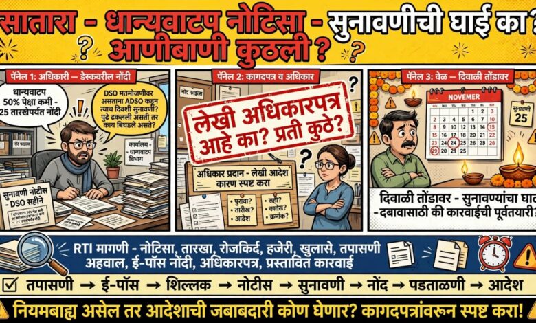 Photo of दुकानदारांच्या विरोधात अशी कोणती आणीबाणी निर्माण झाली होती ज्यामुळे जिल्हा पुरवठा अधिकारी गैरहजर असतानाही त्याच दिवशी सहाय्यक जिल्हा पुरवठा अधिकारी भारतकुमार तुंबडे यांच्याकडून सुनावणी घेण्याची घाई? दुकानदारांना धाक दाखवण्यासाठी सुनावण्यांचा घाट की दिवाळीपूर्वी कारवाईची पूर्वतयारी?
